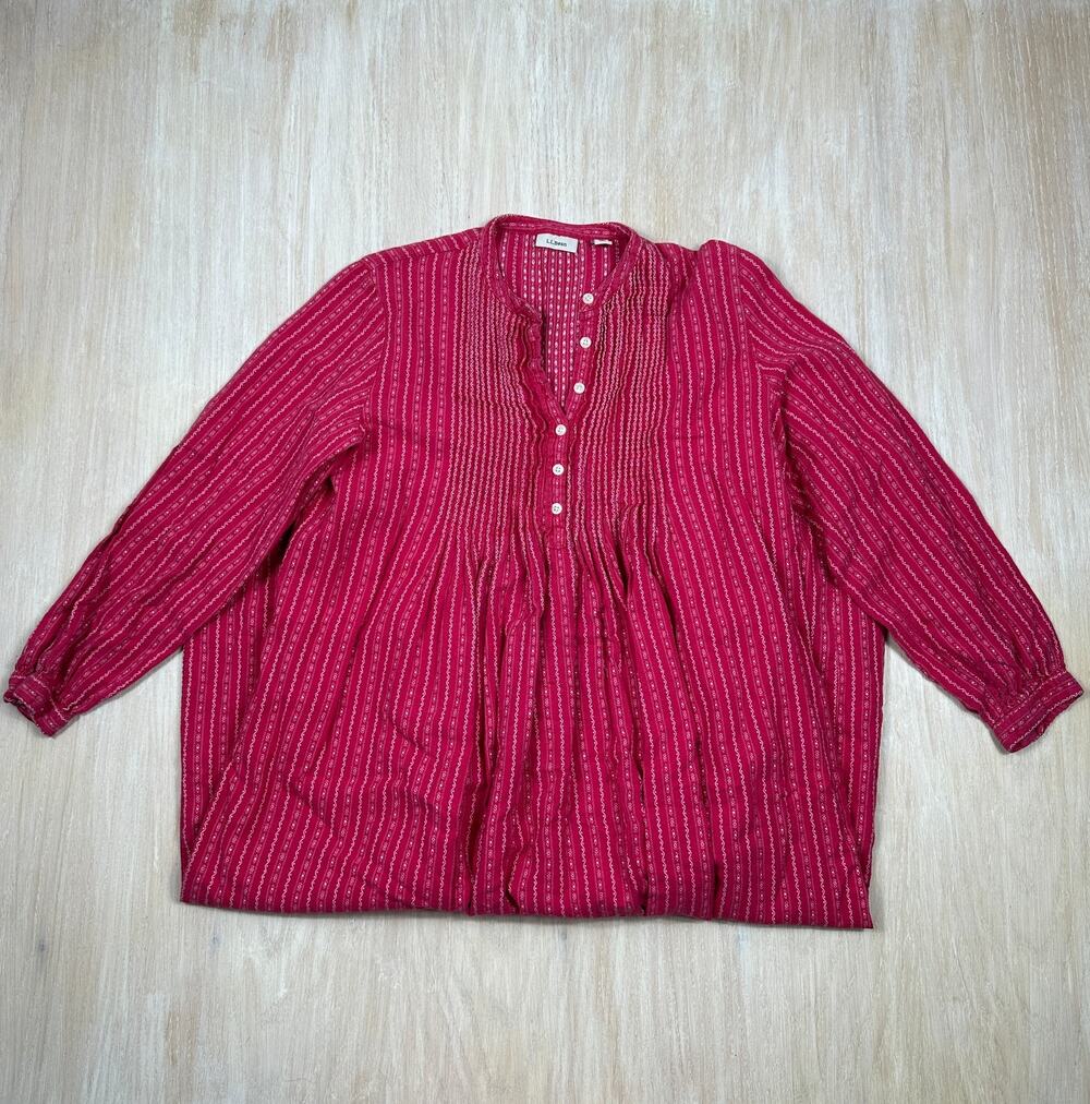 L.L.Bean Red Cotton Boho Midi Dress Button Front Long Sleeve Cottagecore Small